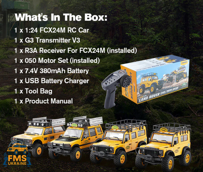 Машинка на радіокеруванні FMS 1:24 FCX24M Land Rover DEFENDER 110 Camel Trophy Edition RTR  FMS12482RTRYL фото